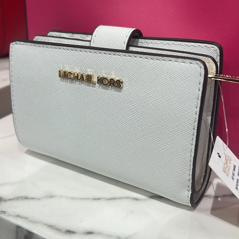 Michael Medium Crossgrain Leather Bifold Wallet Optic White NWT